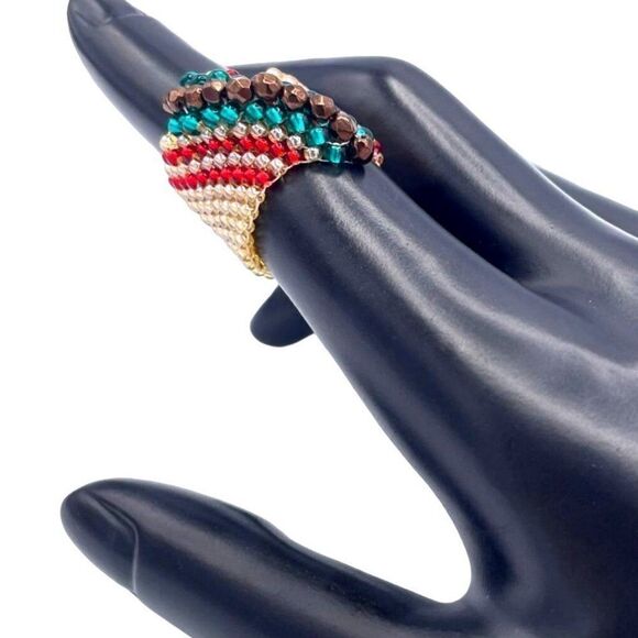 Cream with Turquoise and Bronze Crystal Cellini Spiral Statement Ring Size 7 - Picture 5 of 6